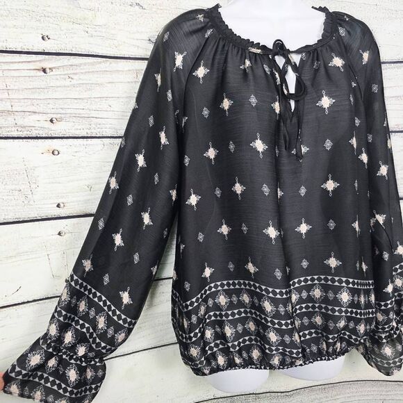 Cato Black Boho Border Print Peasant Top Medium - Picture 3 of 9